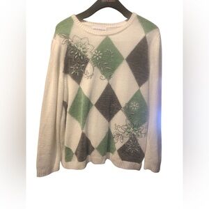 Alfred Dunner Women's Argyle Sweater - Green and White. Embroidered